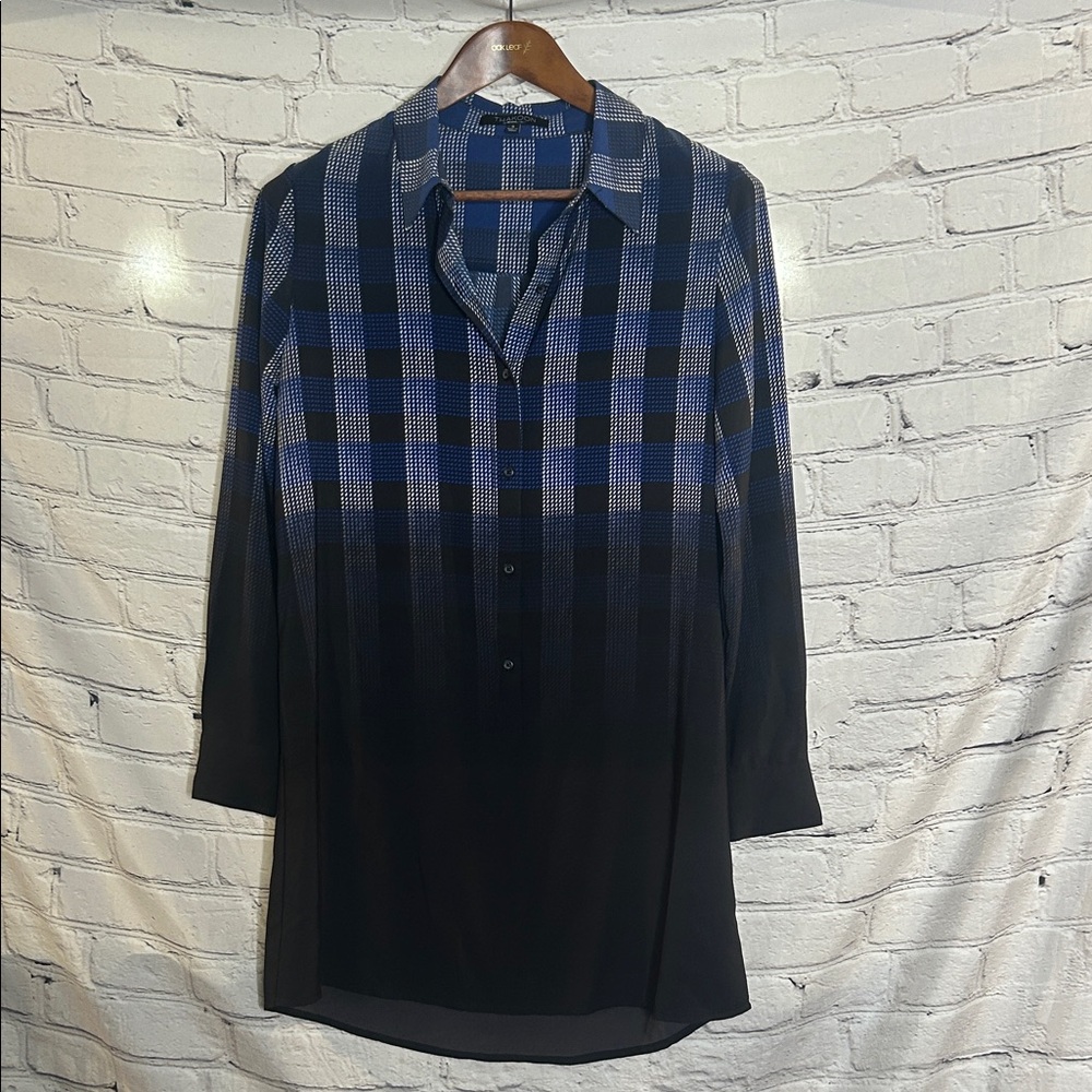 Thakoon Black & Blue Patterned Long Sleeve Tunic Top Size Small
